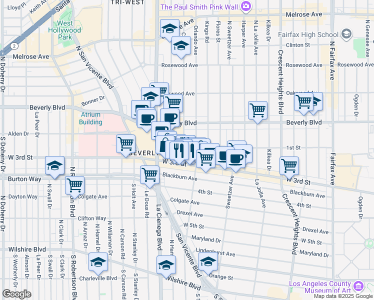 map of restaurants, bars, coffee shops, grocery stores, and more near 116 South Croft Avenue in Los Angeles