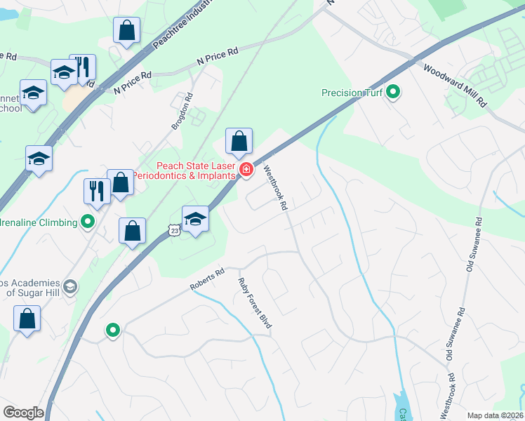 map of restaurants, bars, coffee shops, grocery stores, and more near 394 Creek Manor Way in Suwanee