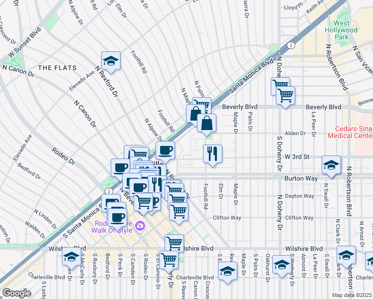 map of restaurants, bars, coffee shops, grocery stores, and more near 9336 Civic Center Drive in Beverly Hills