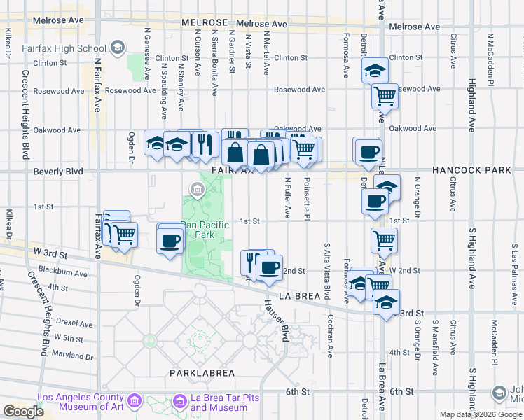 map of restaurants, bars, coffee shops, grocery stores, and more near 117 North Martel Avenue in Los Angeles
