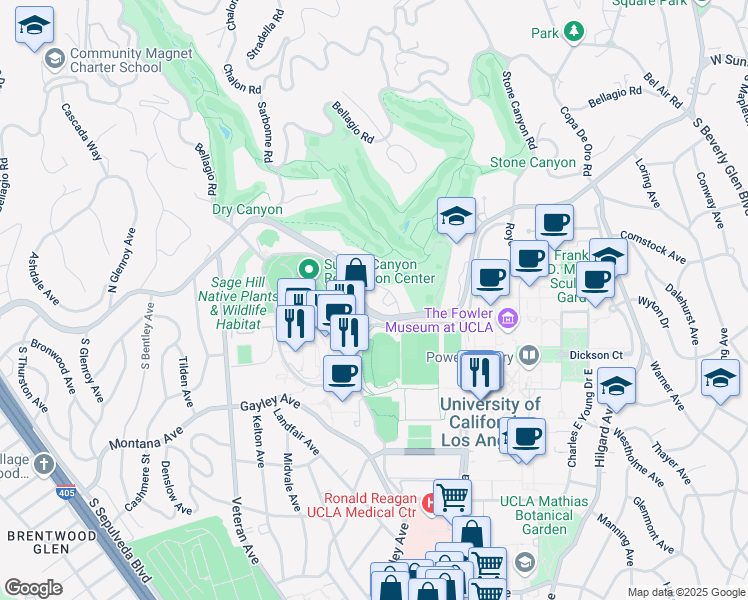 map of restaurants, bars, coffee shops, grocery stores, and more near 10741 Sunset Boulevard in Los Angeles