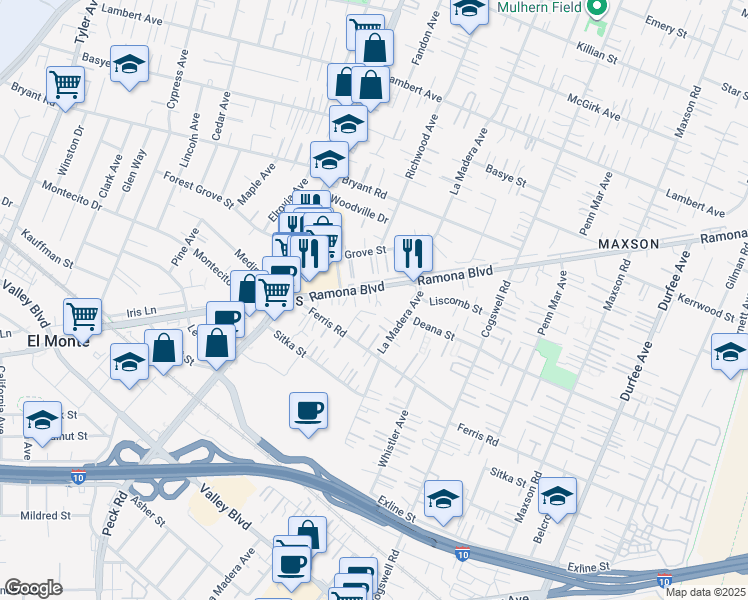 map of restaurants, bars, coffee shops, grocery stores, and more near 11706 Ramona Boulevard in El Monte