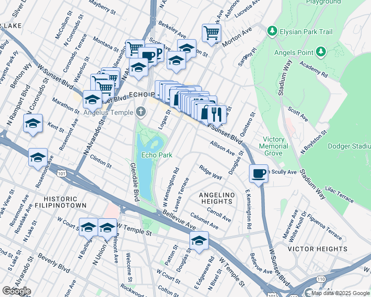 map of restaurants, bars, coffee shops, grocery stores, and more near 1101 Laveta Terrace in Los Angeles