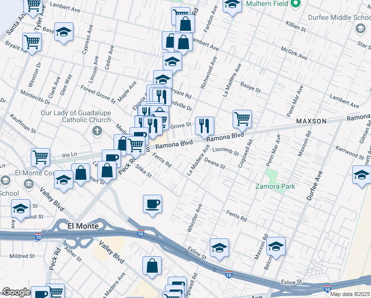 map of restaurants, bars, coffee shops, grocery stores, and more near 11706 Ramona Boulevard in El Monte