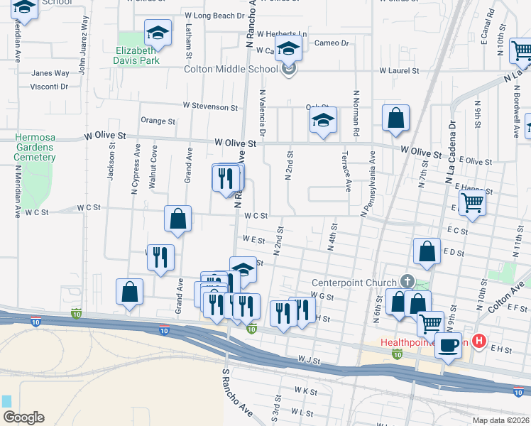 map of restaurants, bars, coffee shops, grocery stores, and more near 805 North Valencia Drive in Colton