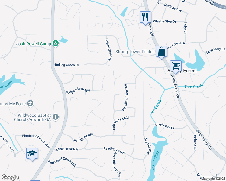 map of restaurants, bars, coffee shops, grocery stores, and more near 1038 Summer Place Northwest in Acworth