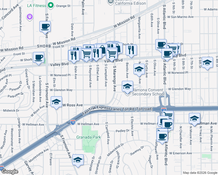 map of restaurants, bars, coffee shops, grocery stores, and more near 1622 South Campbell Avenue in Alhambra