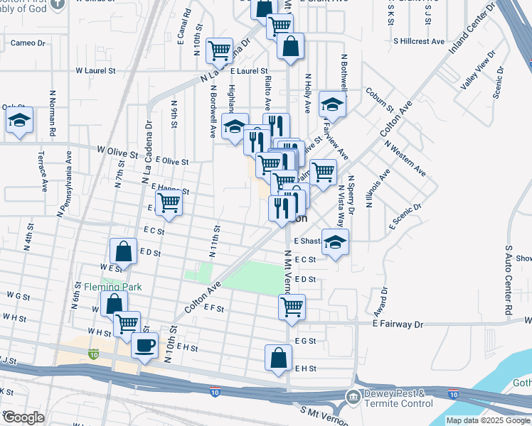 map of restaurants, bars, coffee shops, grocery stores, and more near 539 East B Street in Colton
