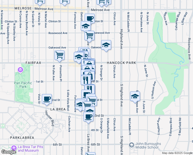 map of restaurants, bars, coffee shops, grocery stores, and more near 848 2/5 North Sycamore Avenue in Los Angeles