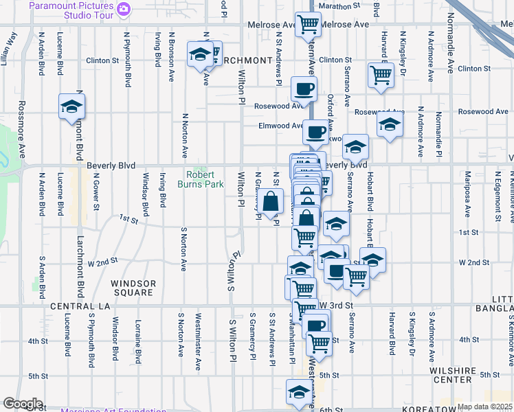 map of restaurants, bars, coffee shops, grocery stores, and more near 139a North Gramercy Place in Los Angeles