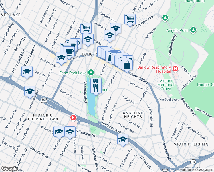 map of restaurants, bars, coffee shops, grocery stores, and more near 1011 Laguna Avenue in Los Angeles