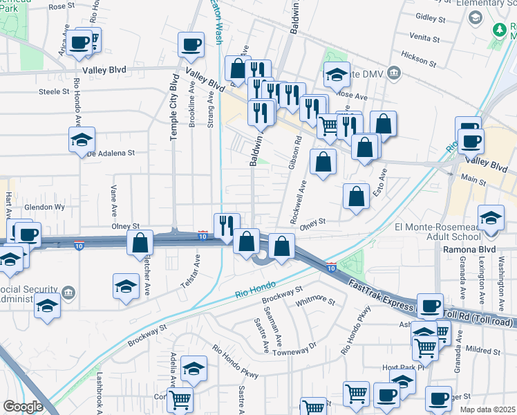map of restaurants, bars, coffee shops, grocery stores, and more near in El Monte