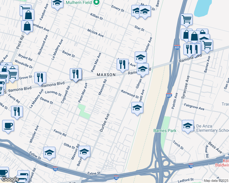 map of restaurants, bars, coffee shops, grocery stores, and more near 4047 Durfee Avenue in El Monte