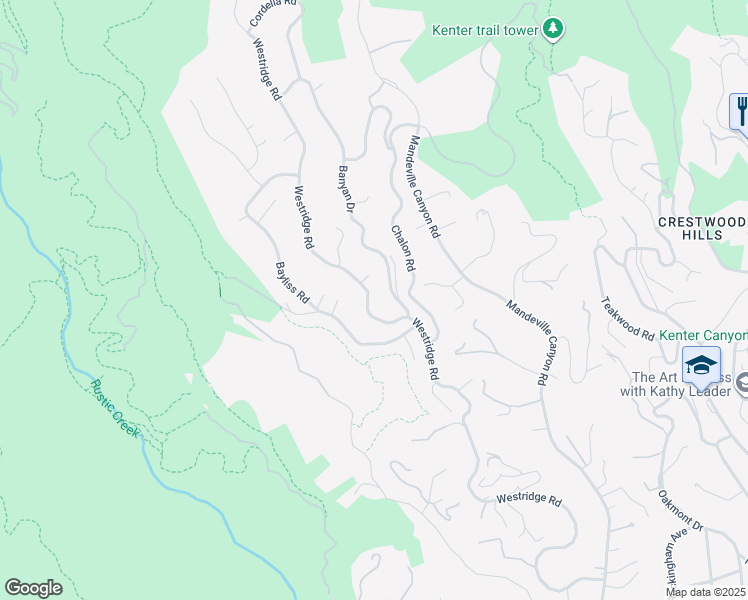 map of restaurants, bars, coffee shops, grocery stores, and more near 2162 Westridge Road in Los Angeles
