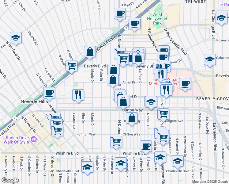 map of restaurants, bars, coffee shops, grocery stores, and more near 336 North Oakhurst Drive in Beverly Hills