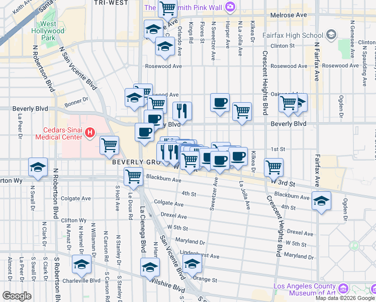 map of restaurants, bars, coffee shops, grocery stores, and more near in West Hollywood