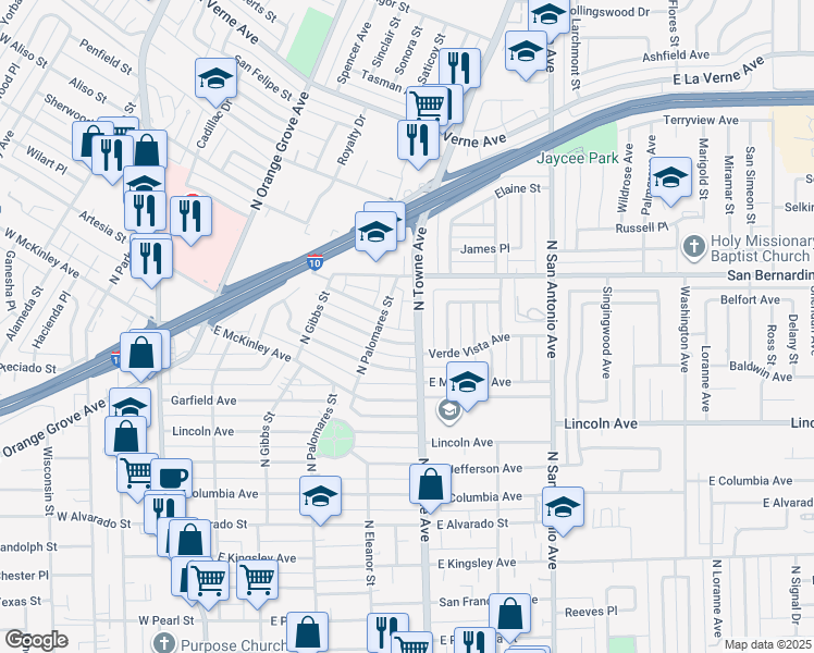 map of restaurants, bars, coffee shops, grocery stores, and more near 1559 North Towne Avenue in Pomona
