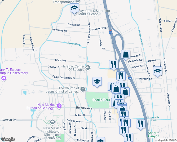 map of restaurants, bars, coffee shops, grocery stores, and more near 1208 El Camino Real Street in Socorro