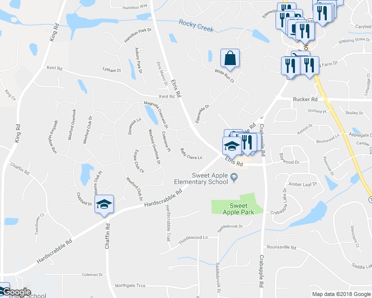 map of restaurants, bars, coffee shops, grocery stores, and more near 510 Bally Claire Lane in Roswell