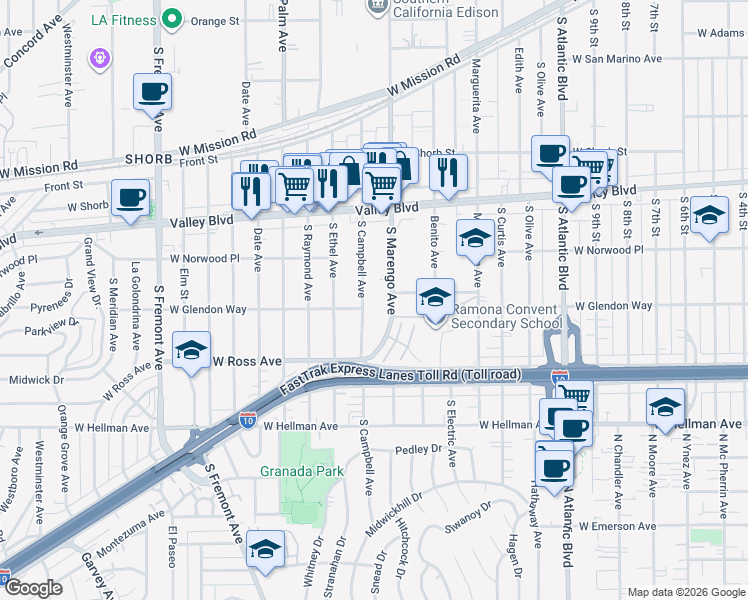 map of restaurants, bars, coffee shops, grocery stores, and more near 1622 South Campbell Avenue in Alhambra