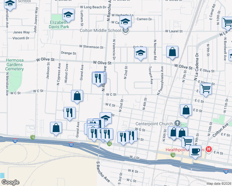 map of restaurants, bars, coffee shops, grocery stores, and more near 805 North Valencia Drive in Colton