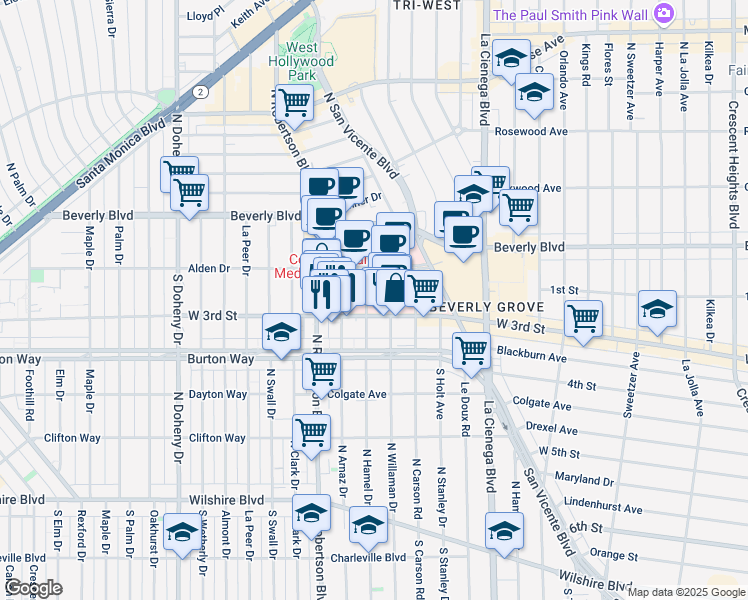 map of restaurants, bars, coffee shops, grocery stores, and more near 230 South George Burns Road in Los Angeles