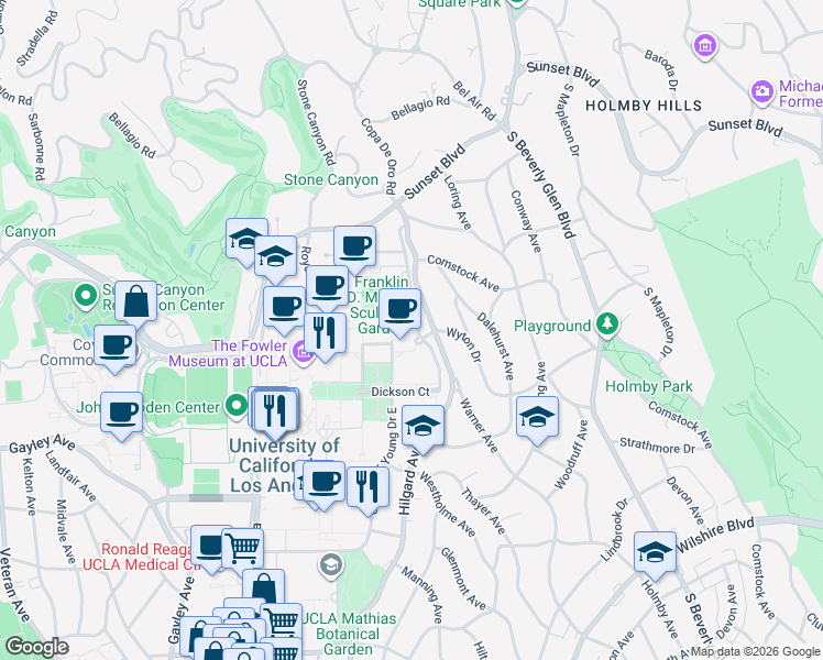 map of restaurants, bars, coffee shops, grocery stores, and more near 337 Charles E Young Drive East in Los Angeles