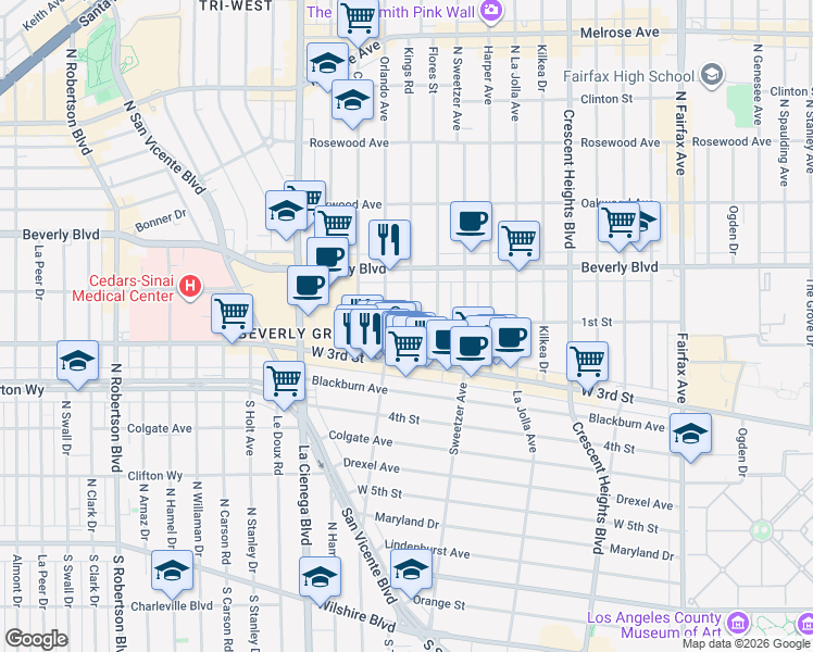 map of restaurants, bars, coffee shops, grocery stores, and more near in West Hollywood