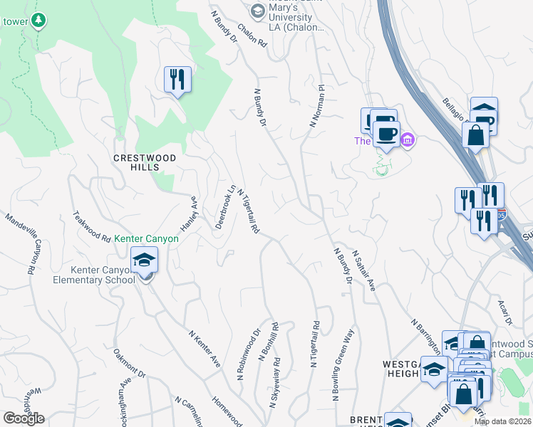 map of restaurants, bars, coffee shops, grocery stores, and more near 12157 La Casa Ln in Los Angeles