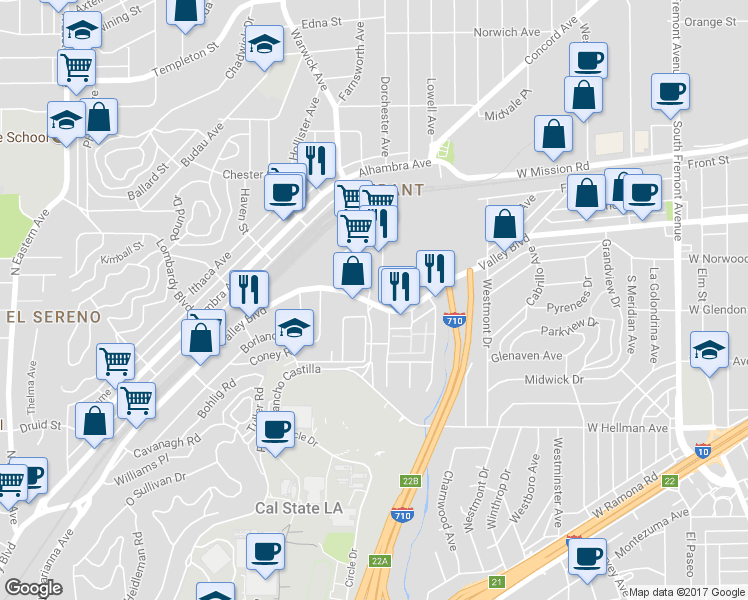 map of restaurants, bars, coffee shops, grocery stores, and more near 5424 E Valley Blvd in Los Angeles