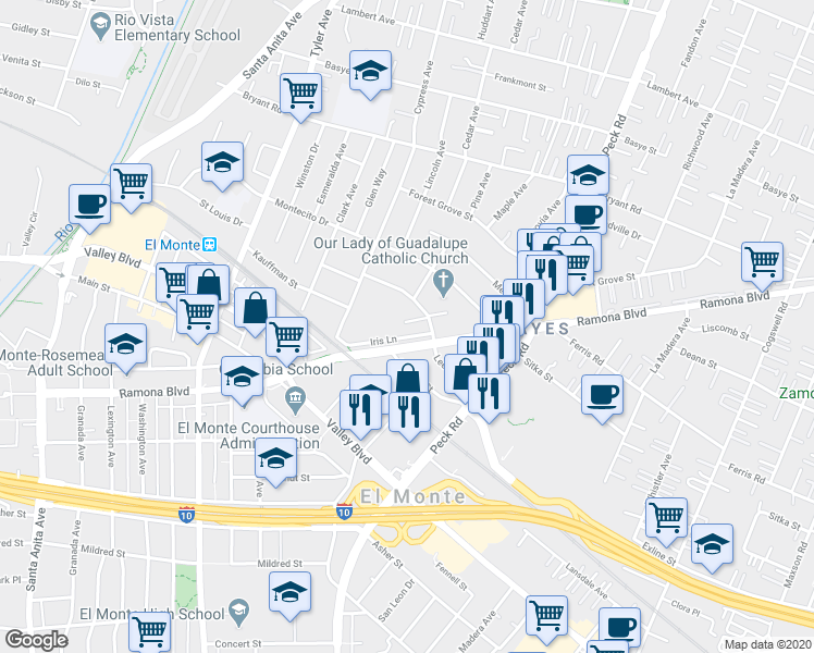 map of restaurants, bars, coffee shops, grocery stores, and more near 11322 Coffield Avenue in El Monte