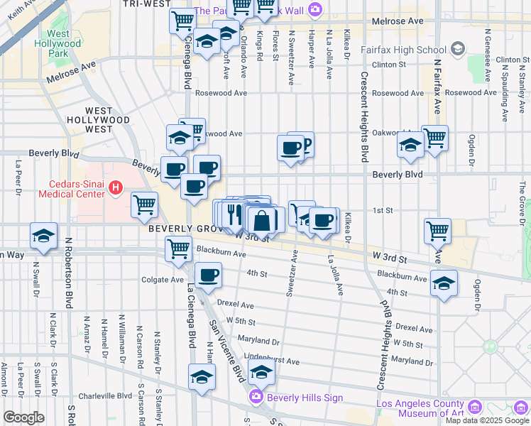map of restaurants, bars, coffee shops, grocery stores, and more near 106 South Kings Road in Los Angeles