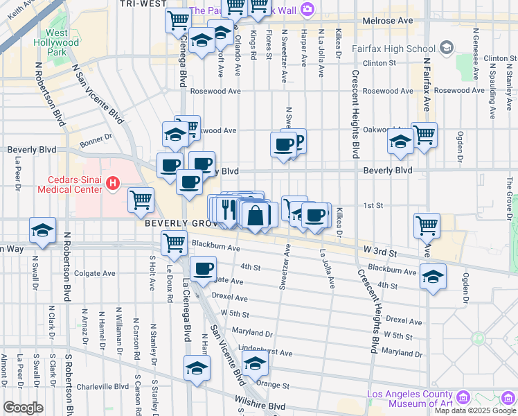 map of restaurants, bars, coffee shops, grocery stores, and more near 106 South Kings Road in Los Angeles