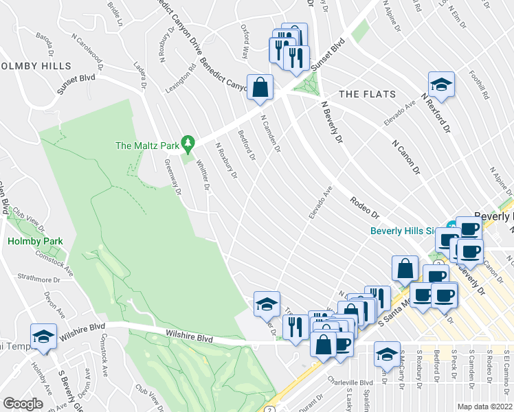 map of restaurants, bars, coffee shops, grocery stores, and more near N Roxbury Dr in Beverly Hills