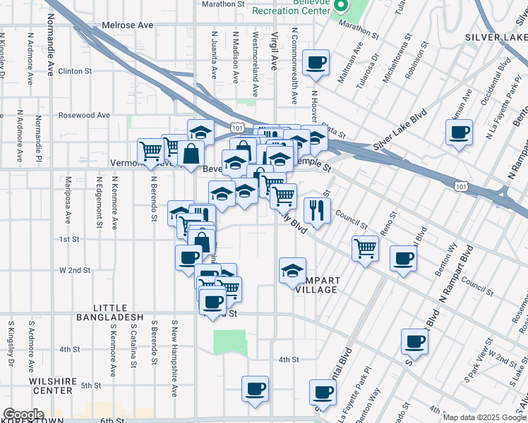 map of restaurants, bars, coffee shops, grocery stores, and more near 118 North Westmoreland Avenue in Los Angeles