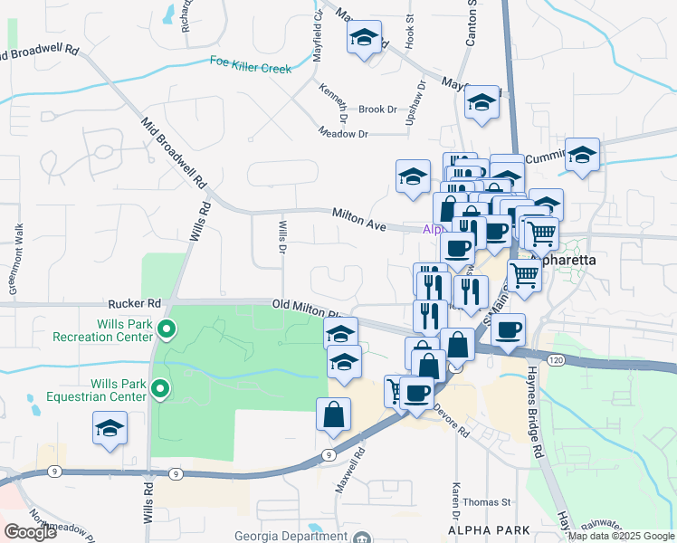 map of restaurants, bars, coffee shops, grocery stores, and more near 2001 Willshire Glen in Alpharetta