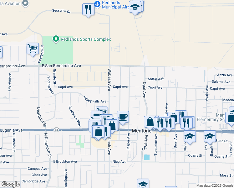 map of restaurants, bars, coffee shops, grocery stores, and more near 1353 Chrysolite Avenue in Mentone