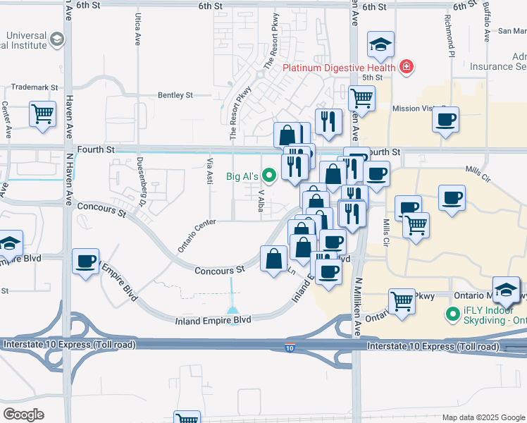 map of restaurants, bars, coffee shops, grocery stores, and more near 960 North Tangent Privado in Ontario
