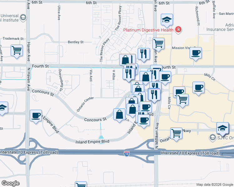 map of restaurants, bars, coffee shops, grocery stores, and more near 960 North Tangent Privado in Ontario