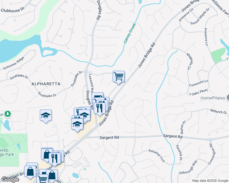 map of restaurants, bars, coffee shops, grocery stores, and more near 11820 Leeward Walk Circle in Alpharetta