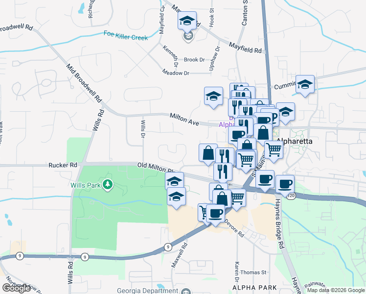 map of restaurants, bars, coffee shops, grocery stores, and more near 2065 Willshire Glen in Alpharetta