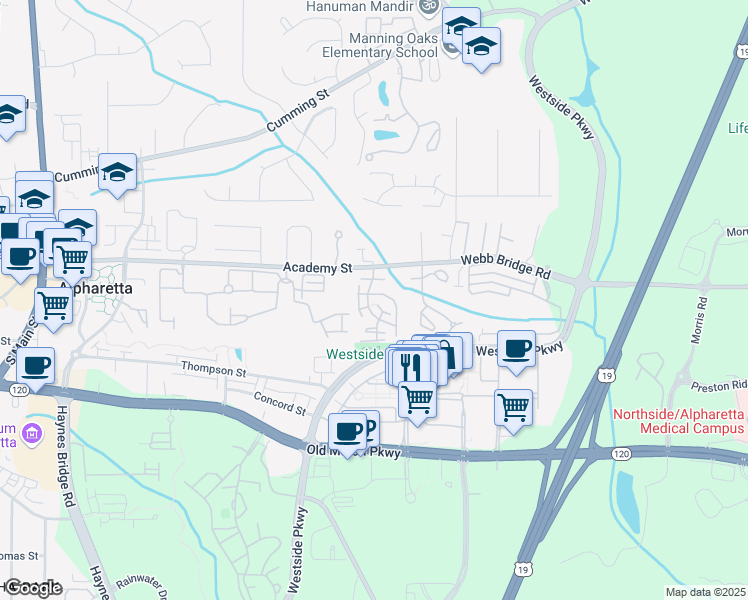 map of restaurants, bars, coffee shops, grocery stores, and more near 2115 Newport Landing in Alpharetta