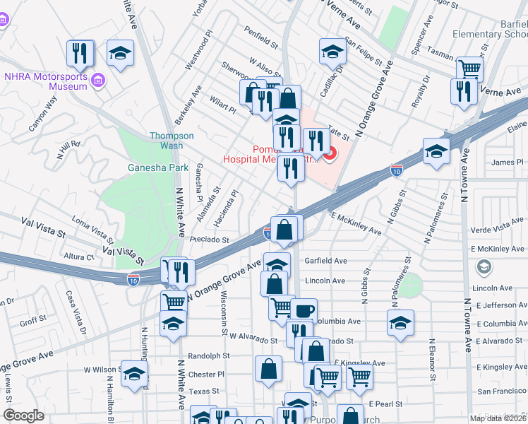 map of restaurants, bars, coffee shops, grocery stores, and more near 1550 North Park Avenue in Pomona