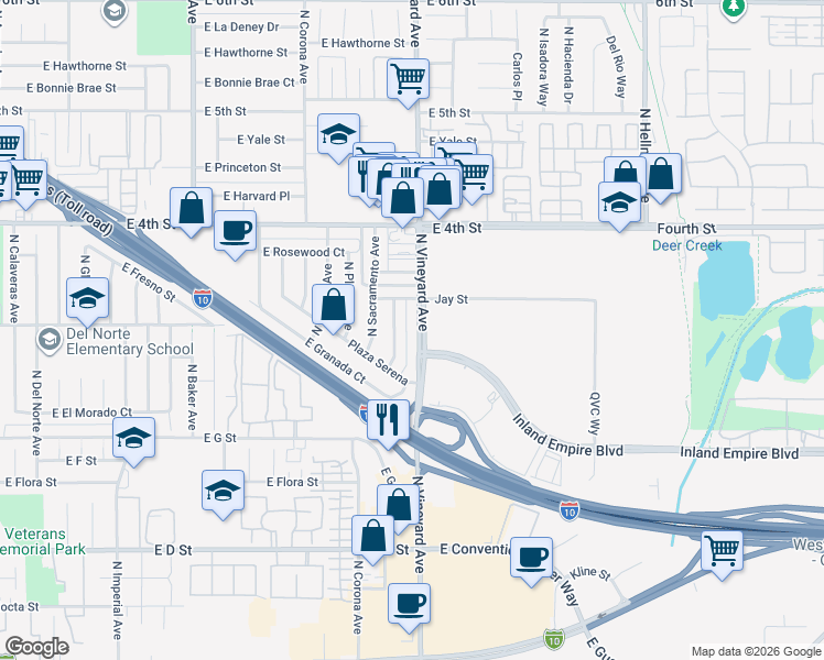 map of restaurants, bars, coffee shops, grocery stores, and more near 857 North Vineyard Avenue in Ontario