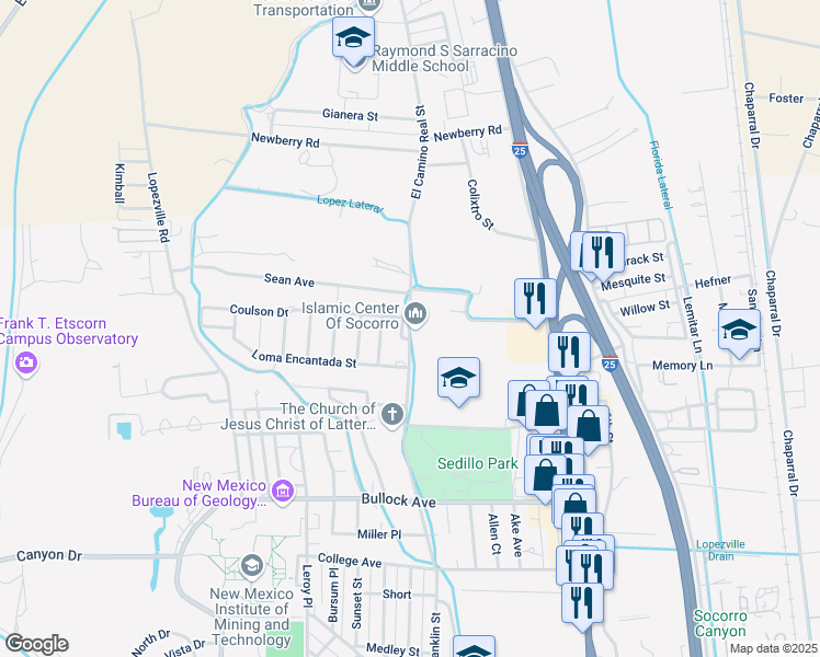 map of restaurants, bars, coffee shops, grocery stores, and more near 1208 El Camino Real Street in Socorro