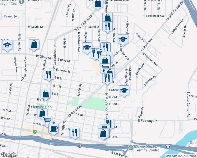 map of restaurants, bars, coffee shops, grocery stores, and more near 539 East B Street in Colton