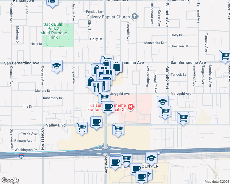 map of restaurants, bars, coffee shops, grocery stores, and more near 16946 Marygold Avenue in Fontana