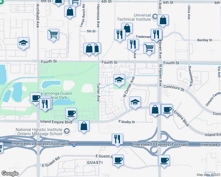 map of restaurants, bars, coffee shops, grocery stores, and more near 956 Hermosa Avenue in Ontario