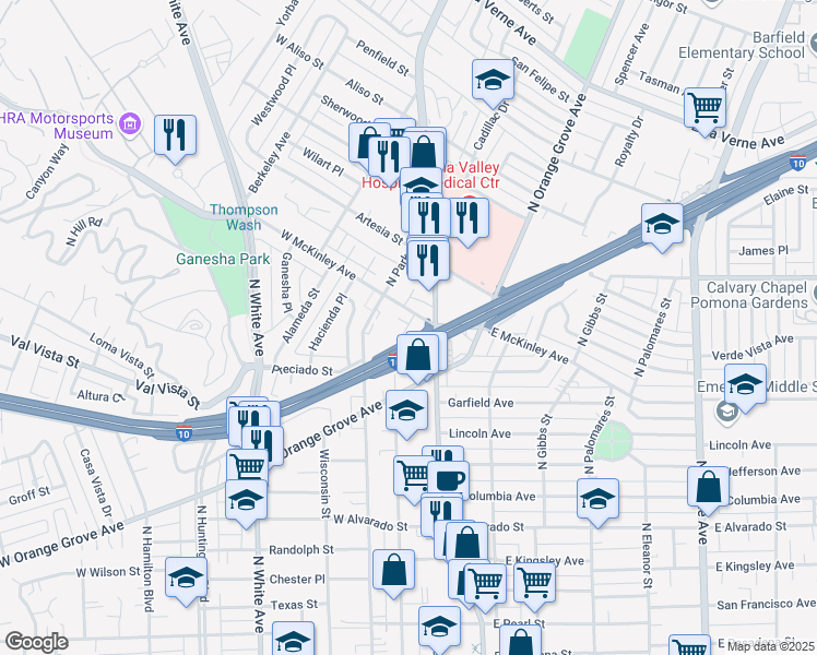 map of restaurants, bars, coffee shops, grocery stores, and more near 158 West McKinley Avenue in Pomona