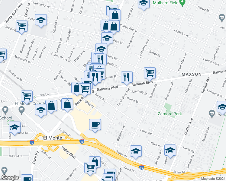 map of restaurants, bars, coffee shops, grocery stores, and more near 11718 Ramona Boulevard in El Monte